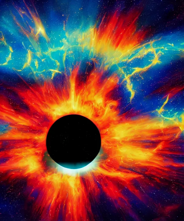 Prompt: blackhole, sun burst, space, bright colors, painting, rule of thirds, phoenix flames, nebula clouds, soft tones