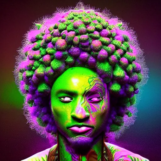 Image similar to an african marijuanna shaman with an afro made of flowers, third eye art art by machina infinitum, complexity from simplicity, rendered in octane, mandelbulb 3 d, ambient occlusion, macro photography, felt!!! texture, tribal, neon! retrowave