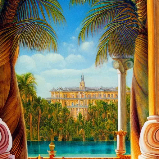 Image similar to a ultradetailed beautiful painting of the amazonas palace balustrade designed by edward robert hughes, tarsila do amaral, frank weston and gustave baumann, beach, trending on artstation, mediterranean, palm trees, detailed face, sharp focus, soft light, 8 k 4 k