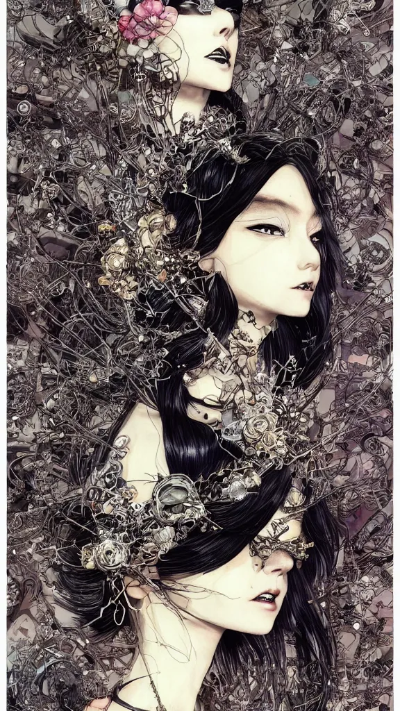 Image similar to cyberpunk fashion a beautiful black haired woman with pale skin and a crown on her head sitted on an intricate metal throne skin wrapped in flowers and wired, vintage style, by yoichi hatakenaka, masamune shirow, josan gonzales and dan mumford, ayami kojima, takato yamamoto, barclay shaw, karol bak, yukito kishiro