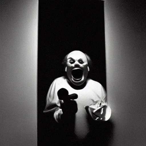 Image similar to creppy 2 0 0 1 photo of ronald mcdonald screaming in a dark room