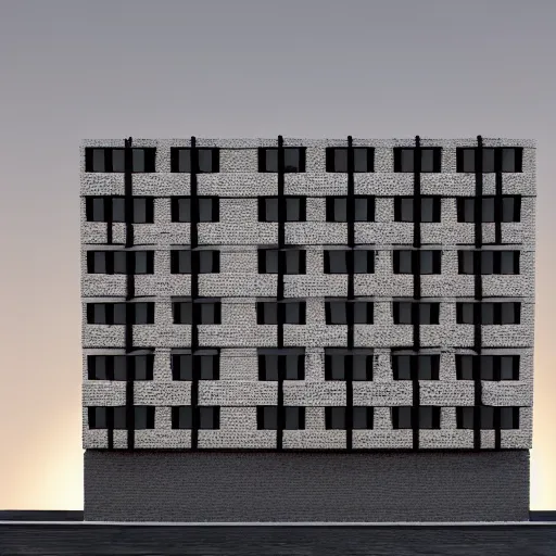 Image similar to facade of cubic building made of bricks, two-point perspective, volumetric rays, cinematic lighting, 4k, 8k