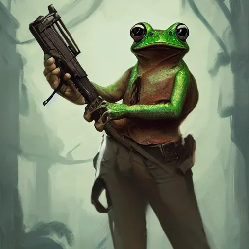 Prompt: a frog mafia boss holding gun. nuri iyem, james gurney, james jean, greg rutkowski, anato finnstark. 8 5 mm