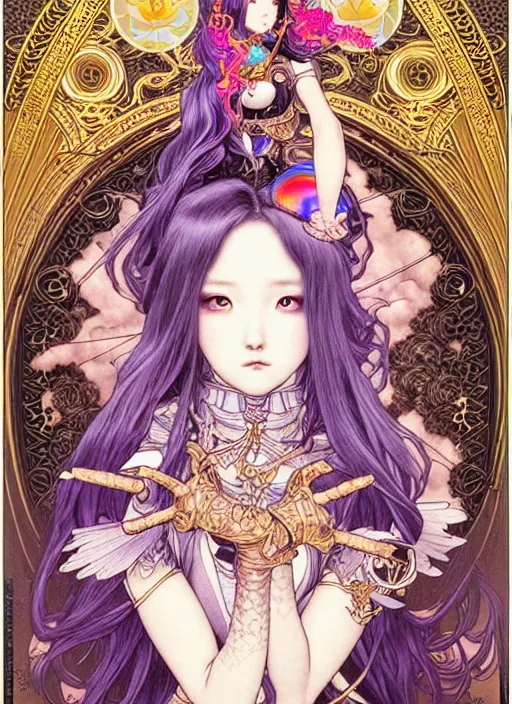 Prompt: yuchenghong highly detailed terada katsuya ayami kojima atrstation manga poster of princess mechine, rainbow gradient reflection, cute face by artgerm, art nouveau, long hair, armor, dress, laces, ruffles, 8 k, maximalist, golden ratio, alphonse mucha