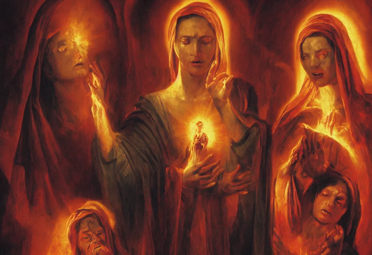 Prompt: portrait of holy mary bleeding, demons in her womb, burning in hell, divine ray over her head, colorfully ominous background, highly detailed face, hyper realism, matte painting, realistic, dramatic lighting, octane render, highly detailed, cinematic lighting, cinematic, volumetric by rutkowsky and gerald brom and frazetta and rembrandt