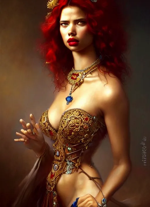 Prompt: a beautiful woman with baroque dress, red hair, gold necklace adorned with blue sapphires gems, adriana lima, painted by artgerm and tom bagshaw, by rembrandt fantasy art, dramatic lighting, highly detailed oil painting