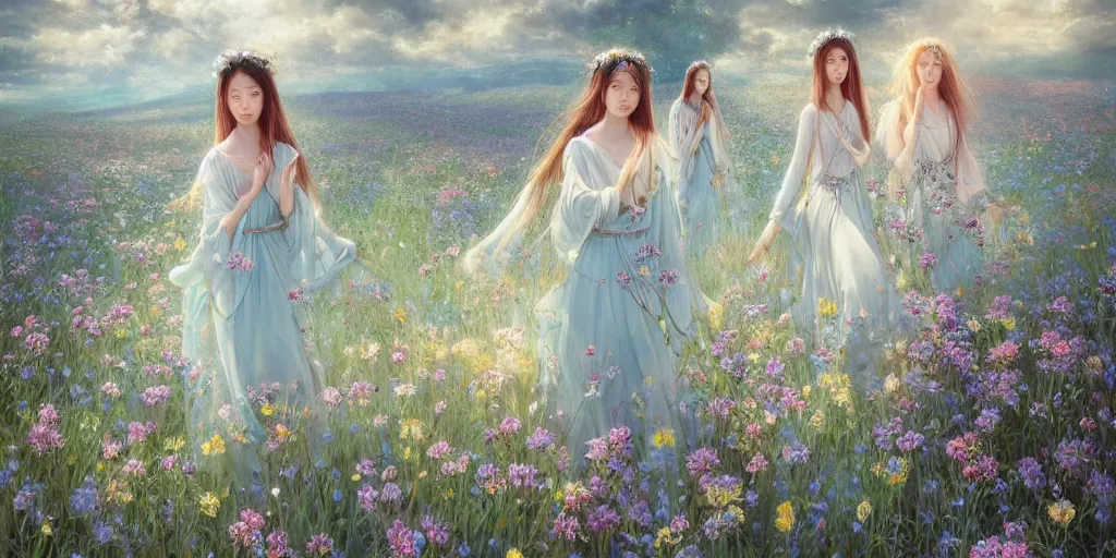 Prompt: breathtaking detailed concept art painting of walking in meadow goddesses of light blue flowers, orthodox saint, with anxious, piercing eyes, ornate background, amalgamation of leaves and flowers, by Hsiao-Ron Cheng, James jean, Miho Hirano, Hayao Miyazaki, extremely moody lighting, 8K