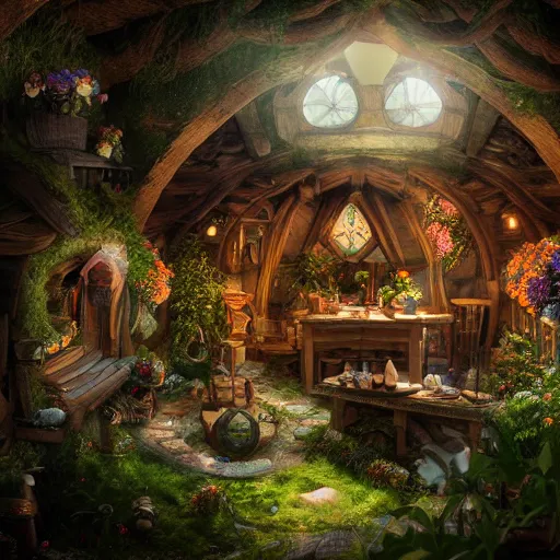 Image similar to a party inside a medieval hobbit house, ornate, beautiful, atmosphere, vibe, flowers, concept art illustration, color page, 4 k, tone mapping, doll, akihiko yoshida, james jean, andrei riabovitchev, marc simonetti, yoshitaka amano, digital illustration, greg rutowski, volumetric lighting, sunbeams, particles