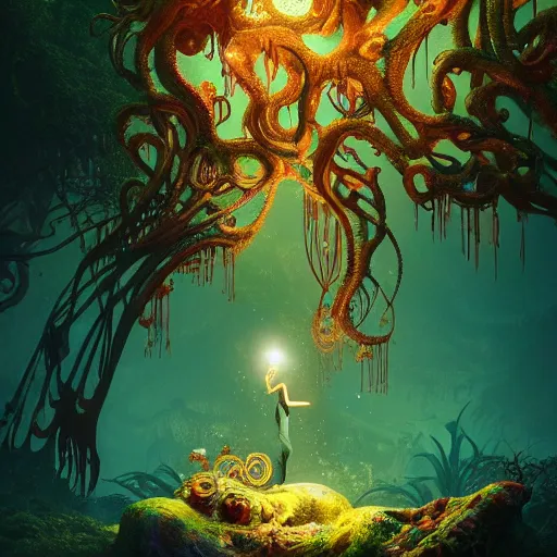 Prompt: creature in a lush candyland, water reflection, night, backlit, warm tones, bioluminescent : by michal karcz, daniel merriam, victo ngai and guillermo del toro : ornate, dynamic, particulate, intricate, elegant, highly detailed, centered, artstation, smooth, sharp focus, octane render