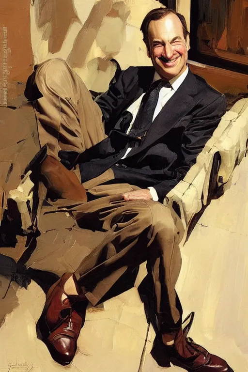 Prompt: bob odenkirk smiling surrounded by bare feet,'bare feet '!!!! painting by jc leyendecker!! phil hale!, angular, brush strokes, painterly, vintage, crisp