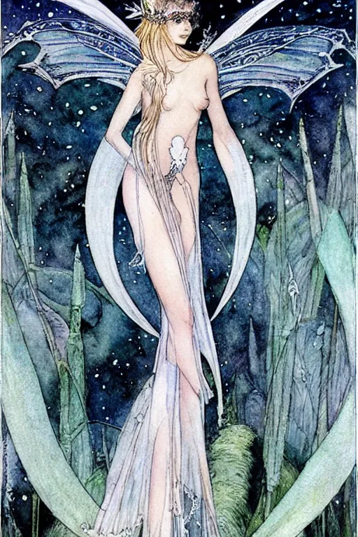 Prompt: fairy princess with a bat wing crown, night sky background, art by luis royo and walter crane and kay nielsen, watercolor illustration,