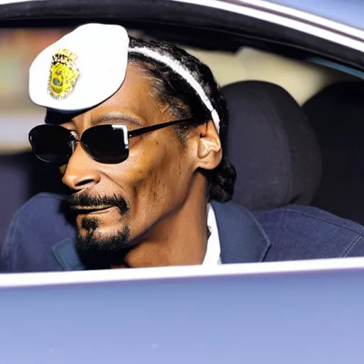 Image similar to Snoop Dogg is sitting in a police car wearing a cap C-11