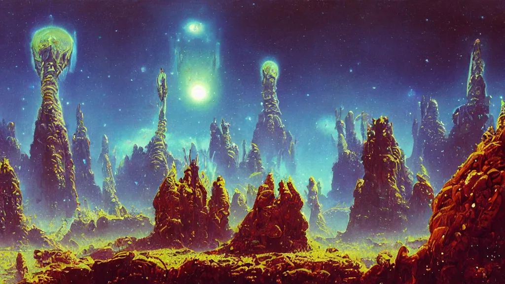 Prompt: ancient alien relics on a strange eerie alien planet by Paul Lehr and Bruce Pennington