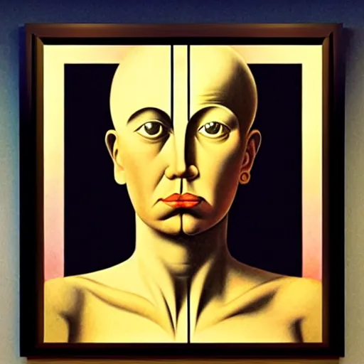 Prompt: figurative avant garde post - morden monumental dynamic portrait by magritte and edward hopper, inspired by william blake and gaugin, illusion surreal art, highly conceptual figurative art, intricate detailed illustration, controversial poster art