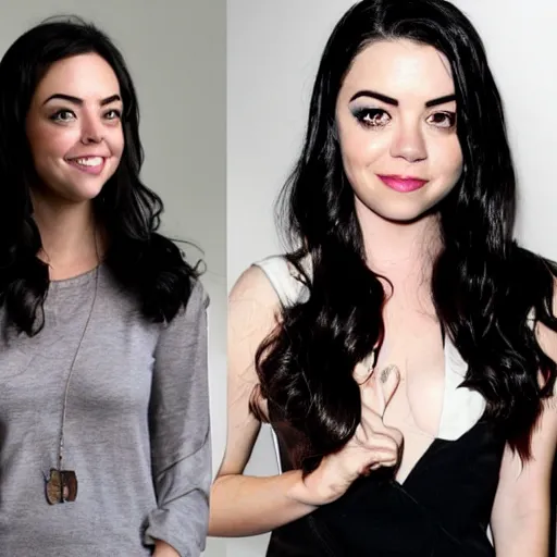 Image similar to a girl with long black hair and thick eyebrows, her face is a mix between aubrey plaza, lucy hale, sarah hyland, anne hathaway and christina ricci