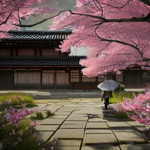 Image similar to hyperrealistic painting of a highly detailed photorealistical samurai, in the background traditional Japanese hut, cherry blossom trees outside, Feng Shui Style, cinematic concept art, art station, award winning art, 8k, octane render, unreal engine 5