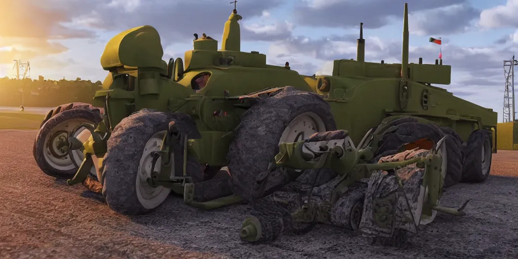Image similar to a cute little tractor pulling a huge military tank, highly detailed, photorealistic portrait, bright studio setting, studio lighting, crisp quality and light reflections, unreal engine 5 quality render