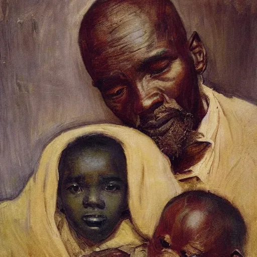 Image similar to a painting of a elegant well fed elder with few eyebrows and his son from Kenya by Henry Ossawa Tanner . thinker without facial hair, thoughtful, focused, visionary, calm, jovial, loving, fatherly, generous, . dramatic angle, ethereal lights, details, smooth, sharp focus, illustration, realistic, cinematic, artstation, award winning, rgb , unreal engine, octane render, cinematic light, macro, depth of field, blur, red light and clouds from the back, highly detailed epic cinematic concept art CG render made in Maya, Blender and Photoshop, octane render, excellent composition, dynamic dramatic cinematic lighting, aesthetic, very inspirational, arthouse.