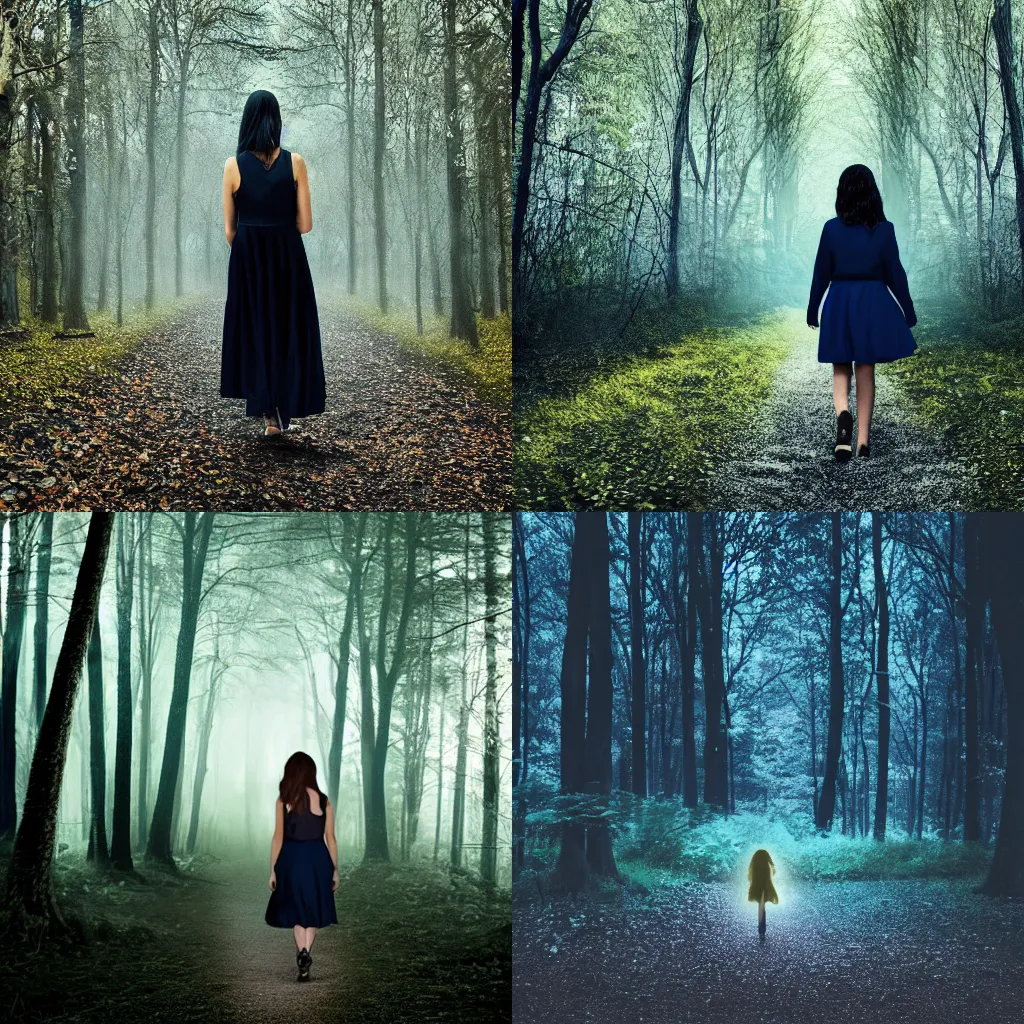 Prompt: glowing girl in black dress walking in a dark blue forest, ultra realistic, 8 k gloomy