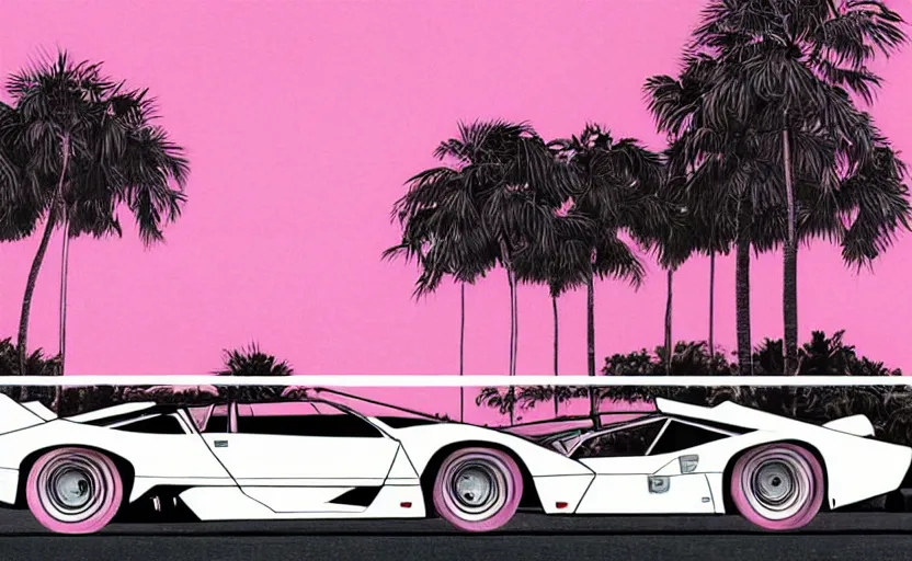 Image similar to a white lamborghini countach with open doors. palm trees and pink sky in the background. art by krzysztof tanajewski