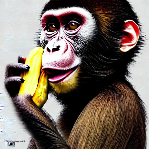 Prompt: a monkey eating a banana ; typography; intricate details; soft lighting; high definition; sharp focus; digital art; attractive features; drawn by Hirohiko Araki; trending on artstation; bust up portrait, made by Stanley Artgerm Lau, WLOP, Rossdraws, James Jean, Andrei Riabovitchev, Marc Simonetti, Yoshitaka Amano, ArtStation