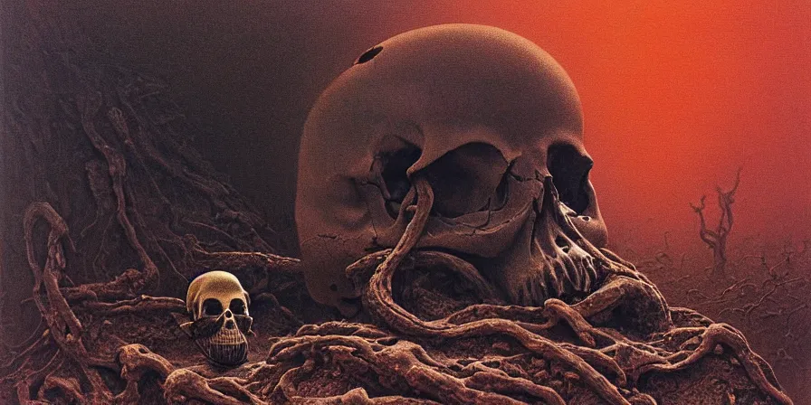 Prompt: painting of a dead soldier's skull wearing a helmet, tiny insects crawling out of the crevices of the human skull, Zdzislaw Beksinski, Wayne Barlowe, Joe Fenton, gothic, cosmic horror, biomorphic, amazing details, dystopian, surrealism, cold hue's, warm tone gradient background