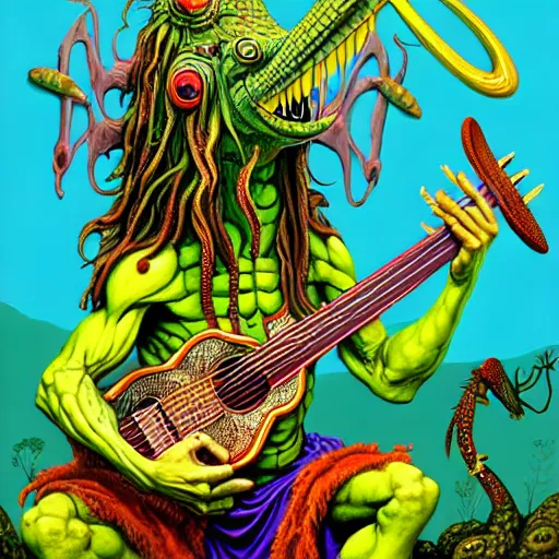 Image similar to amphibious pagan hippy god with crocodilian head and mantis wings. he holds a guitar and smokes a coconut pipe. vivid tones. smooth concept art, 4 k matte portrait by rebecca guay and dan mumford, trending on artstation, pagan wicca. delightful charming digital painting