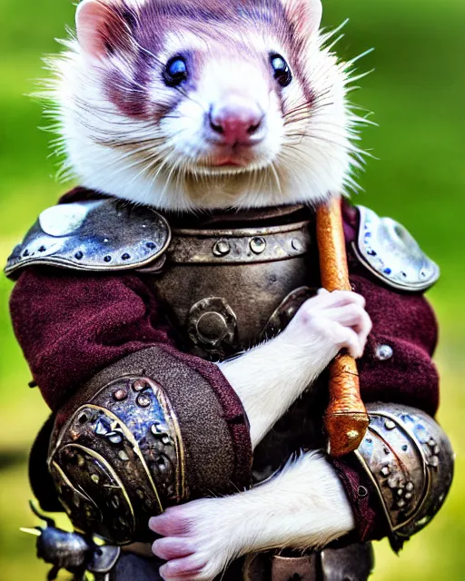 Image similar to ferret love warrior, furry, fantasy, viking, high detailed, hearts, photography, cloudy, lightweight leather armour, scandinavia, plain, detailed face, look into the distance, serious face, full body, in full growth, professional photographer, masterpiece, 5 0 mm, extremely detailed, digital art 8 k