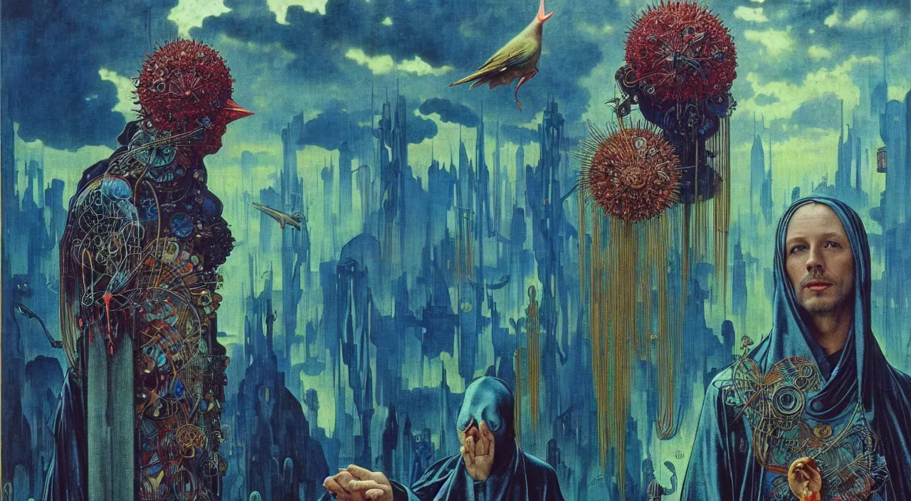 Image similar to realistic detailed portrait movie shot of a birdman wearing dark robes, sci fi city landscape background by denis villeneuve, amano, yves tanguy, alphonse mucha, ernst haeckel, max ernst, roger dean, masterpiece, rich moody colours, blue eyes, occult