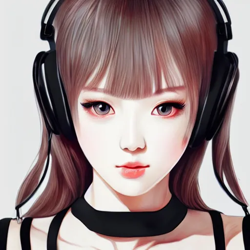 Prompt: realistic detailed semirealism beautiful gorgeous natural cute Blackpink Lalisa Manoban black hair black cat ears, wearing white camisole outfit, headphones, black leather choker artwork drawn full HD 4K high resolution quality artstyle professional artists WLOP, Aztodio, Taejune Kim, Guweiz, Pixiv, Instagram, Artstation