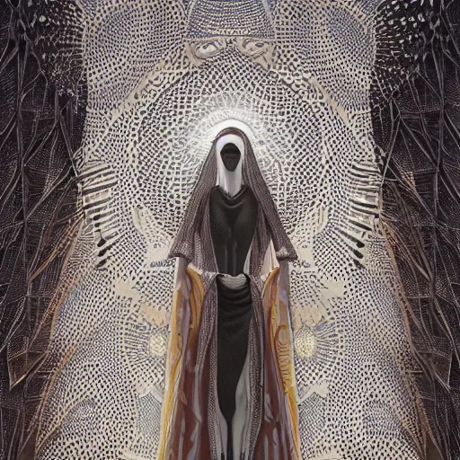 Image similar to portrait of tall, long-necked lipless mutant woman covered with elaborately patterned brown and white scales wearing gauze toga and standing in cyberpunk art deco mosque, alien bestiary by Barlowe, Greg Rutkowski, and Yoshitaka Amano