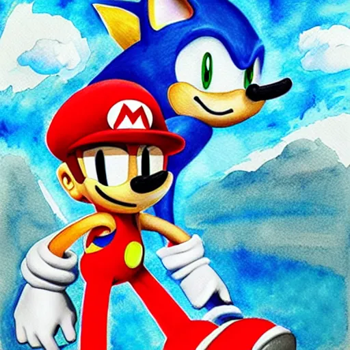 Image similar to Sonic in the style of Mario, with a mustache, beautiful watercolor art drawing, in the style of artist Simon Stalenhag s-90 - C 7