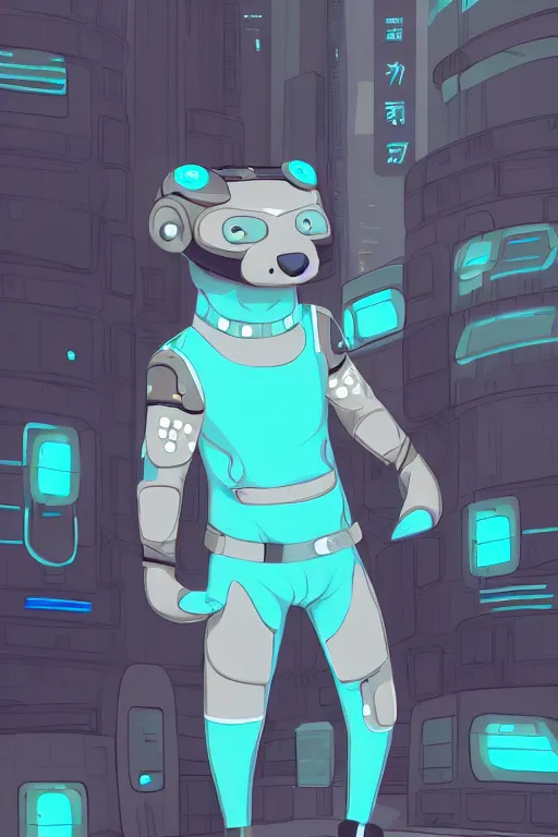 Image similar to a cute male gray turquoise white orange otter fursona wearing tight futuristic clothes in the streets of cyberpunk city, fantasy, paws, 8 k resolution, hyper detailed, character design