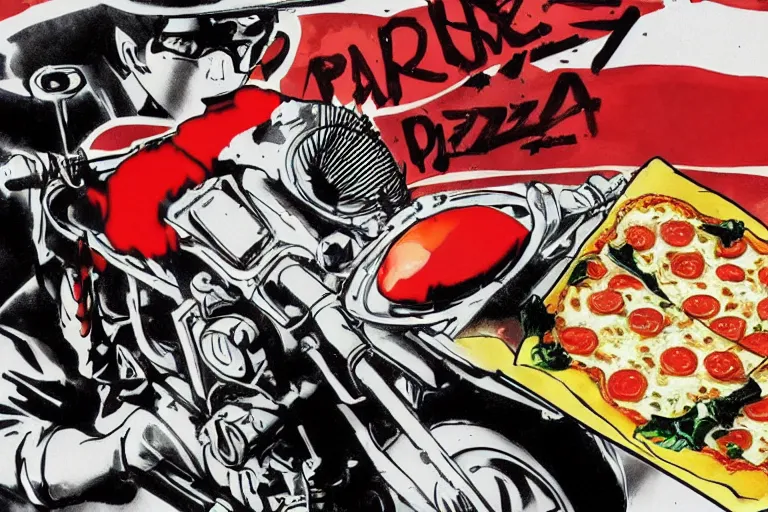 Image similar to italian pizza, akira's motorcycle, gorillaz, poster, artistic