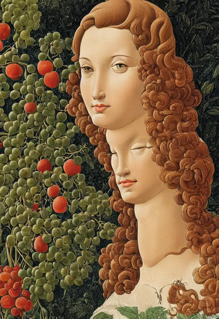 Image similar to men and women, closeup portrait, garden with fruits, ultra detailed, Botticelli style