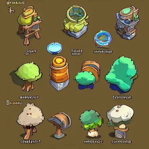 Prompt: A game assets spritesheet by dofus by Jiyun Chae, Lê Long . HD vector Containing modular props, terrain, trees, 2d side view, platform, vector art, very detailed