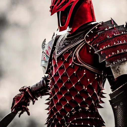 Image similar to a knight wearing full red armor, in the style of a dragon, spikes, wielding a whip, ultra realism, high detail, bokeh