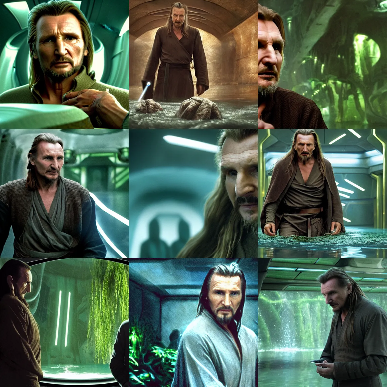 Prompt: liam neeson as qui - gon jinn, alone, in an empty dark flooded spaceship interior, overgrown with aquatic plants