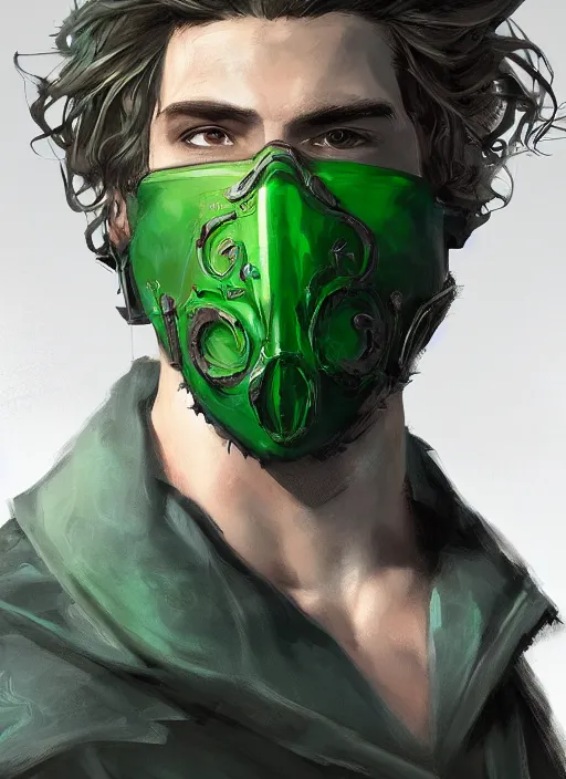 Prompt: a highly detailed illustration of young thick wavy messy haired guy wearing mechanical green face mask and brown noir coat, clean shaven, dramatic bored expression, intricate, elegant, highly detailed, centered, digital painting, artstation, concept art, smooth, sharp focus, league of legends concept art, wlop