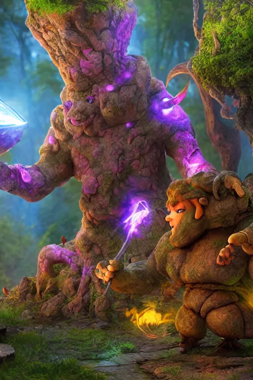 Image similar to arcane fantasy art giant golem elemental wood rock bastion forged gemstone enchanted forest troll, global illumination ray tracing hdr fanart arstation by sung choi and eric pfeiffer and gabriel garza and casper konefal lisa frank zbrush central hardmesh radiating a glowing aura