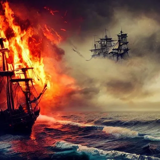 Prompt: pirate, ship, fire, ocean, cinematic, artistic, trending, epic, wind, wild, beautiful, tragedy, tragic, movie