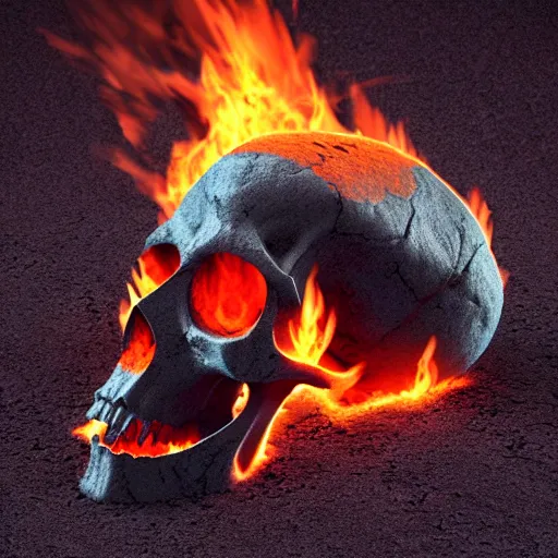 Prompt: a skull on a pile of burning coals and embers, isometric, 3 d render, 8 k