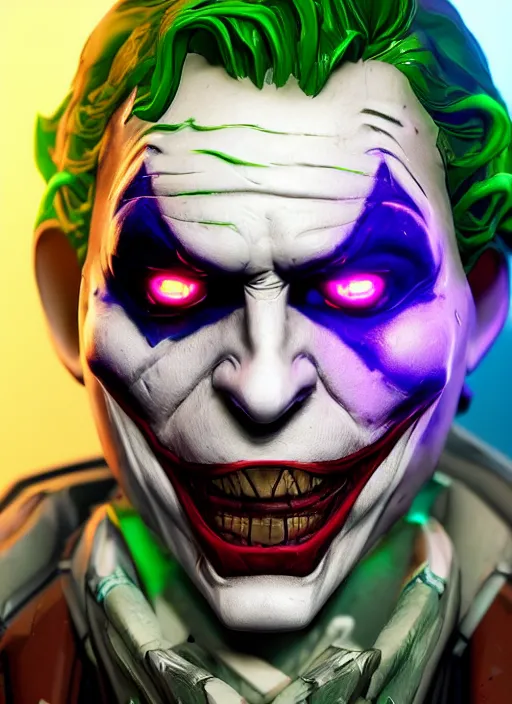 Image similar to glowwave portrait of the joker from borderlands 3, hyper detailed, digital art, trending in artstation, cinematic lighting, studio quality, smooth render, unreal engine 5 rendered, octane rendered, art style by heri irawan and wlop