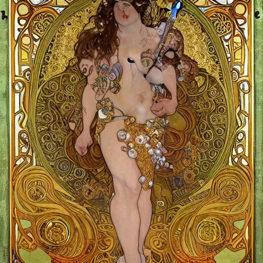 Prompt: realistic detailed dramatic symmetrical portrait of beast with a golden cup as Salome dancing, wearing an elaborate jeweled gown, by Alphonse Mucha and Gustav Klimt, gilded details, intricate spirals, coiled realistic serpents, Neo-Gothic, gothic, Art Nouveau, ornate medieval religious icon, long dark flowing hair spreading around her