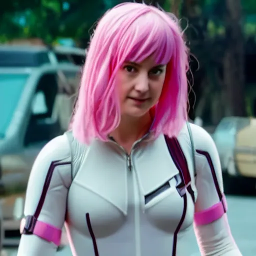 Image similar to A still of Shailene Woodley as Gwenpool in Deadpool 3 (2023), blonde hair with pink highlights, no mask, white and light-pink outfit