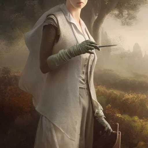 Image similar to a woman wearing a whiteblouse with a lether vest and some gloves, Matte painting , detailed painting, greg rutkowski