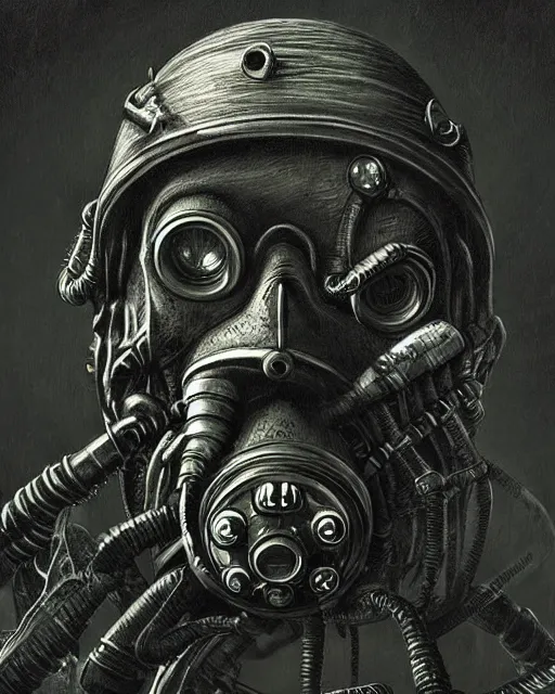 Image similar to dark scary atmospheric detailed outsider cyberpunk dark black skull with mechanical wires and smoke from the netherrealm wearing a gas mask by hr giger and alex grey