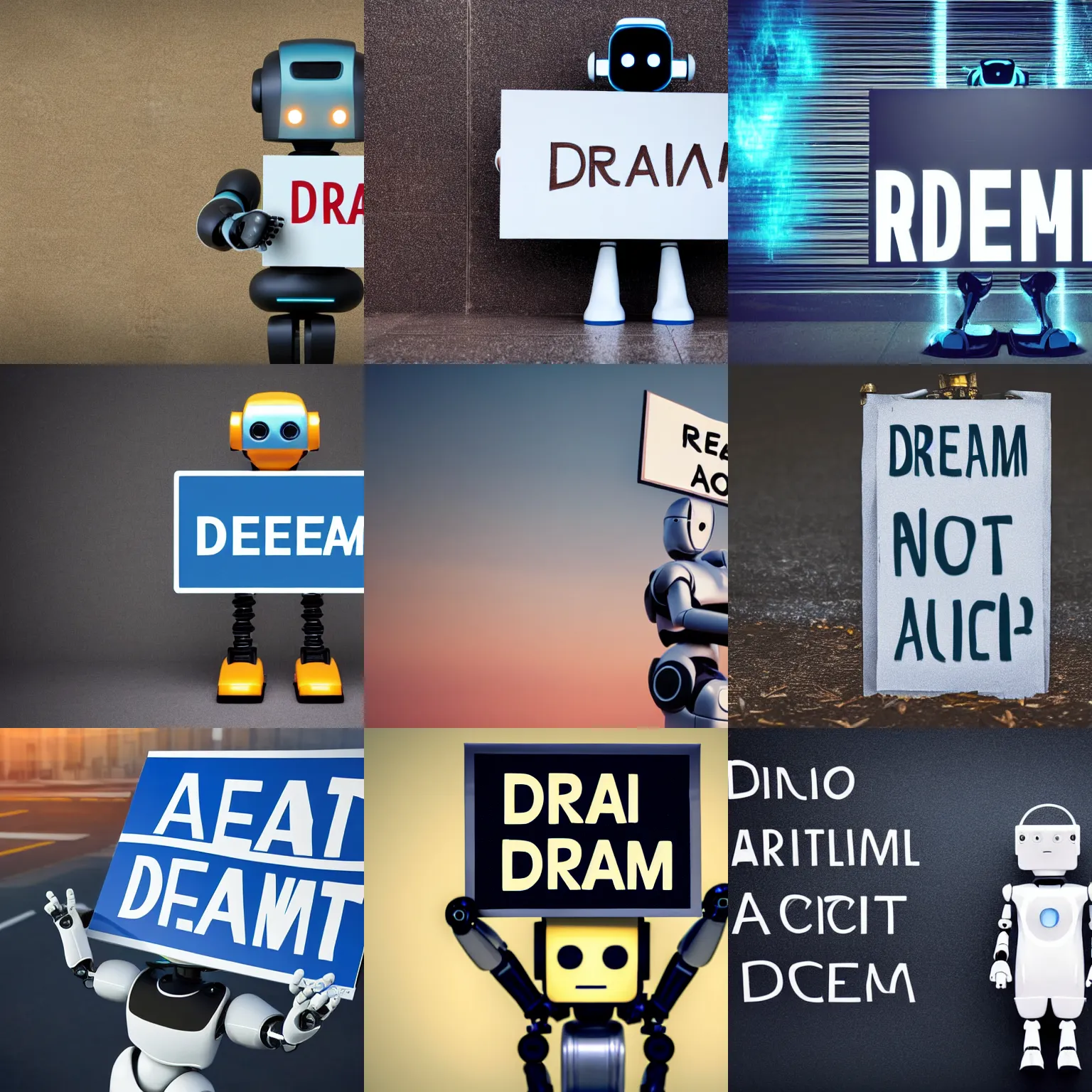 Image similar to artificial intelligence robot holding a sign with text that reads : dream