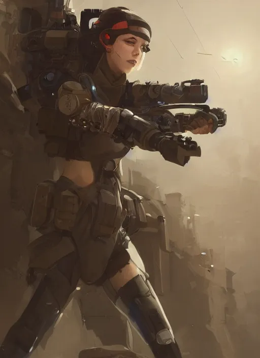 Prompt: of a beautiful sniper girl in war, with futuristic gear and helmet, portrait, in the style of greg rutkowski, artstation, high quality art