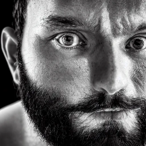 Image similar to oversaturated close up photograph of a sweaty man who has just woken up to a light shining in his face, wide fov, dark room, poor lighting